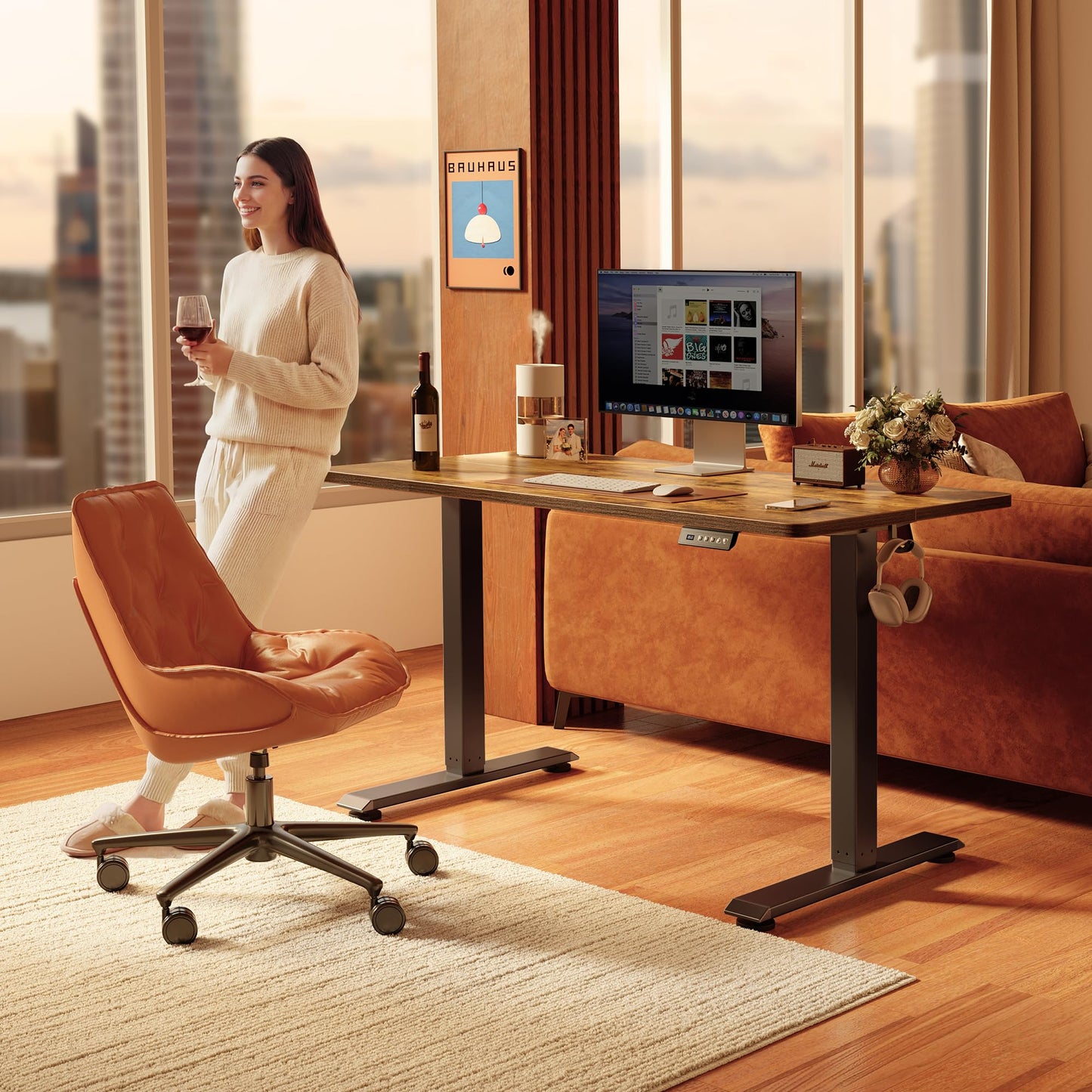 FEZIBO Standing Desk, 55 × 24 Inches Electric Height Adjustable, Sit Stand Up, Computer Office Desk with Splice Board, Black Frame/Rustic Brown TOP