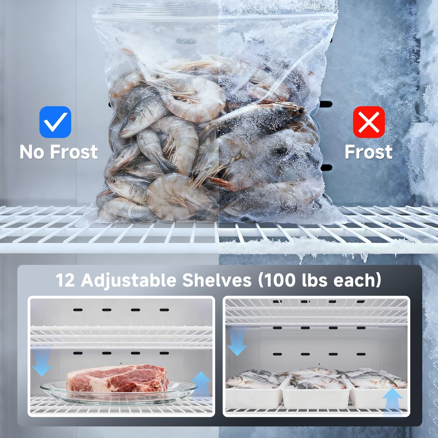 Coolake 82" Commercial Reach-in Freezer 3 Solid Doors, 72 Cu.ft Stainless Steel Fan Cooling Upright Freezer 12 Adjustable Shelves, Commercial Freezer for Restaurant Kitchen Grocery Store Prep Area