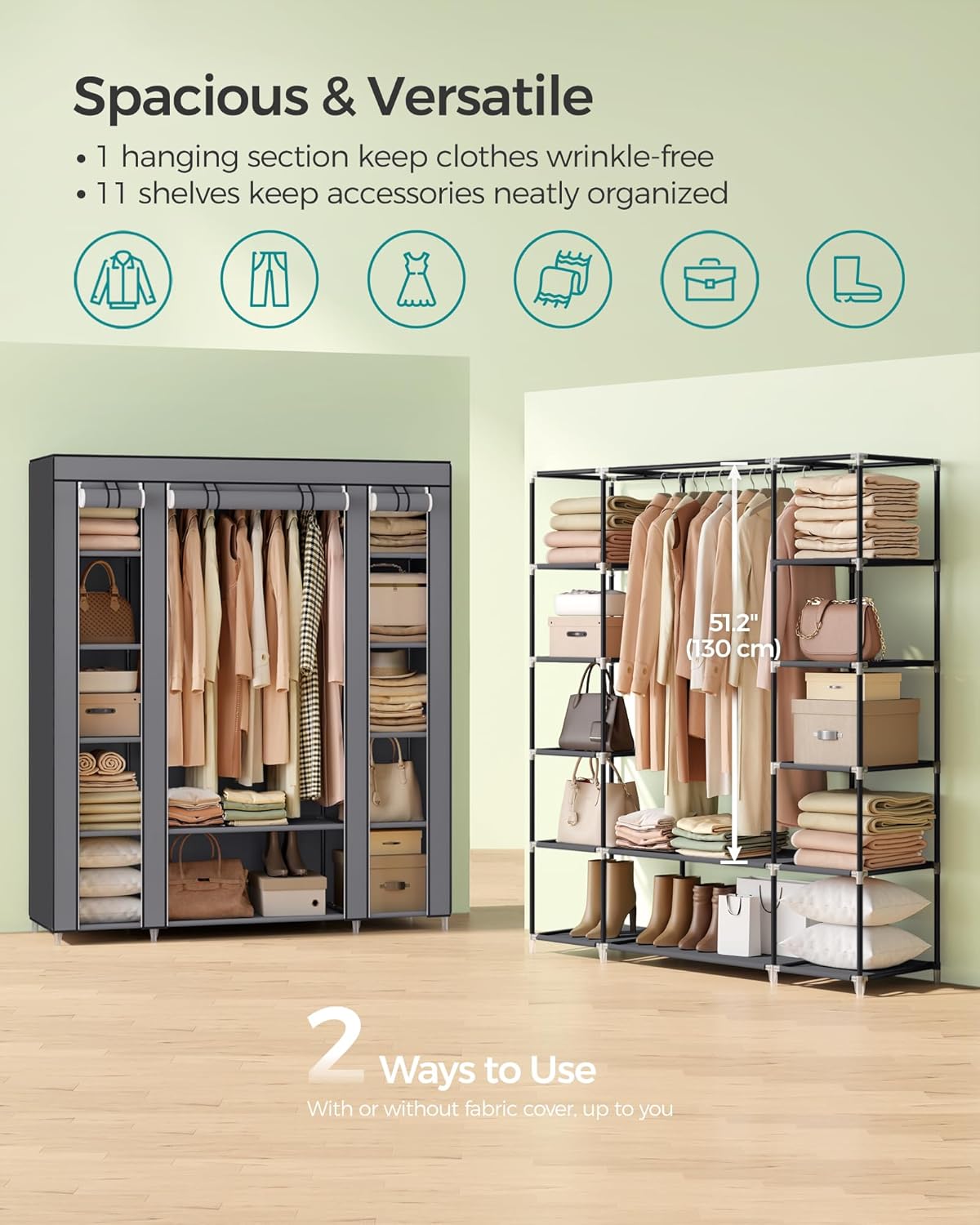 SONGMICS Portable Closet Wardrobe - Non-Woven Fabric Cover Clothes Organizer, 59 x 17.7 x 69 Inches, Gray