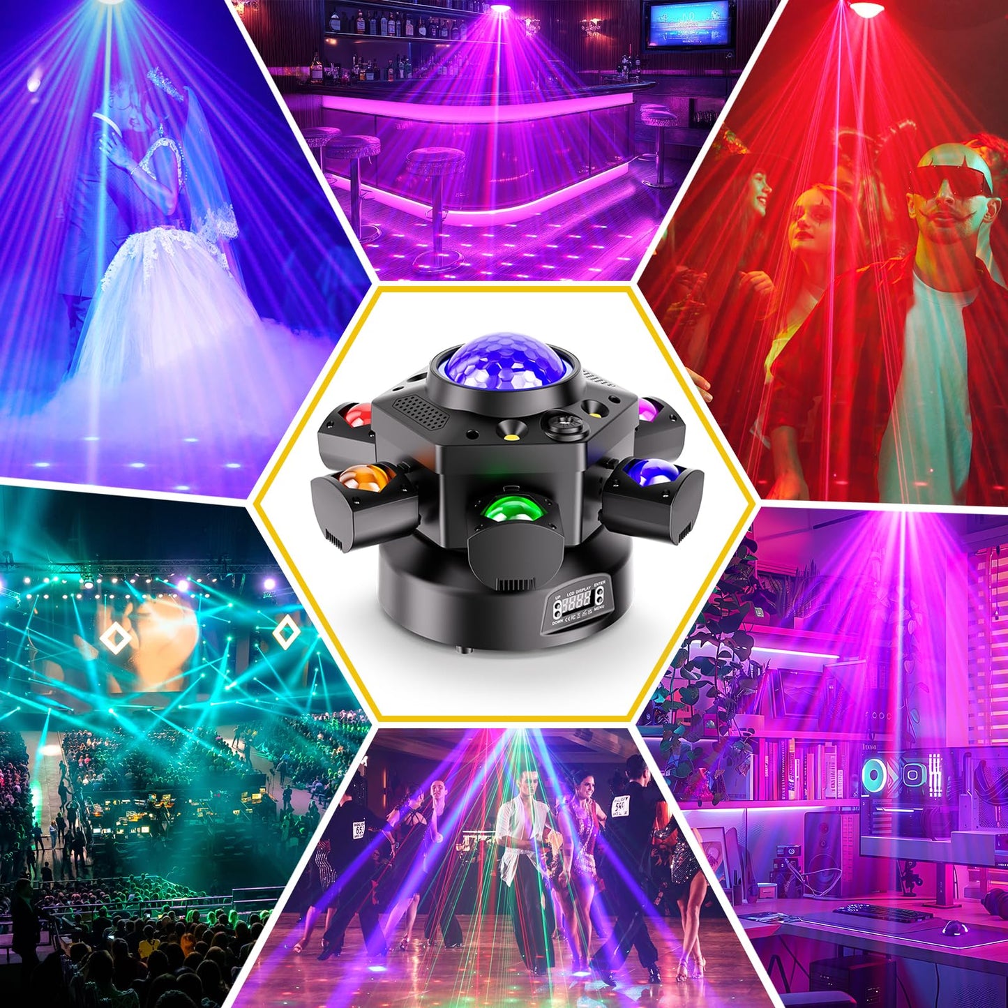 6-Arm Moving Head DJ Lights, 120W RGBW 4-in-1 Stage Lights with Kaleidoscope Magic Ball Effect, Starry Laser Effects, White/Golden Strobe, 540° Rotation, DMX512 Sound Activated Remote for Disco DJ Bar