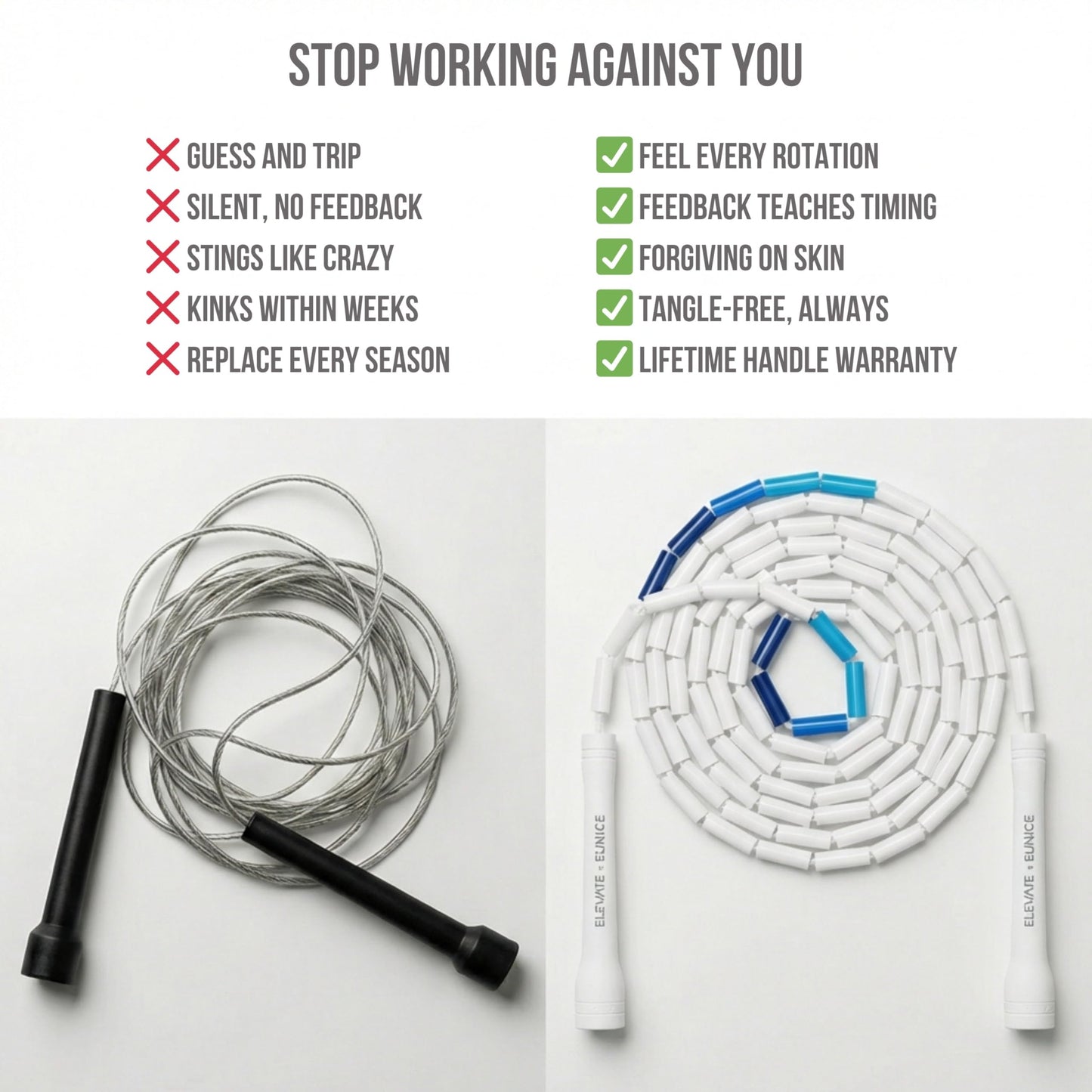 Elevate Rope Professional Beaded Jump Rope - 3m Adjustable, Quality Beads & Poly Cord - For Freestyle, Cardio & Tricks - All Levels & Indoor/Outdoor Use (Frost)