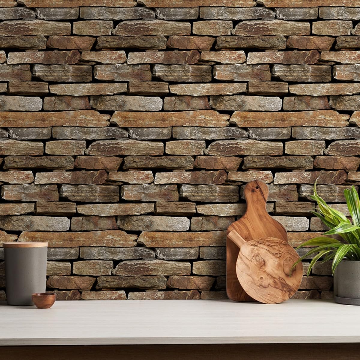 SMOOSTIKC 3D Faux Stone Wall Panels Peel and Stick, 10 Pcs 11.8" x 11.8", Stone-Look Textured Wall Sticker, Ultra-Light Thin PVC Fake Stone Wall Covering Tiles for Quick DIY, Brown with Green