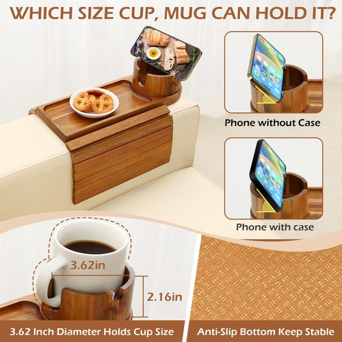 BAMTRAY Couch Cup Holder Tray, 15.75" Acacia Wood Couch Armrest Table, 3 in 1 Foldable Sofa Clip on Side Table with 360° Phone Stand, Armrest Tray for Coffee Snacks
