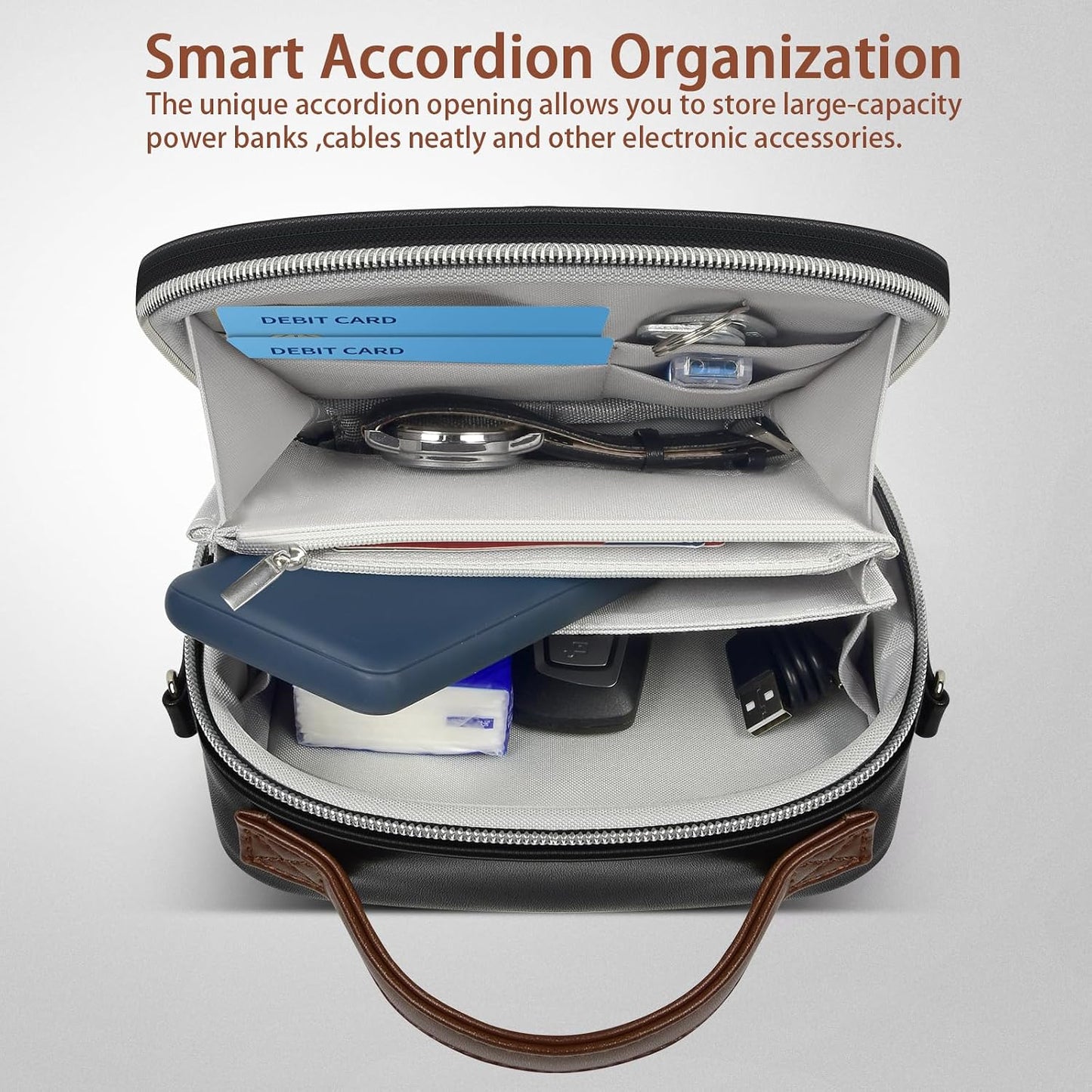 Tanmqin Commute, Electronic Organizer with Shoulder Strap, Premium Mixed-Fabric Accordion Tech Pouch for Travel & Large