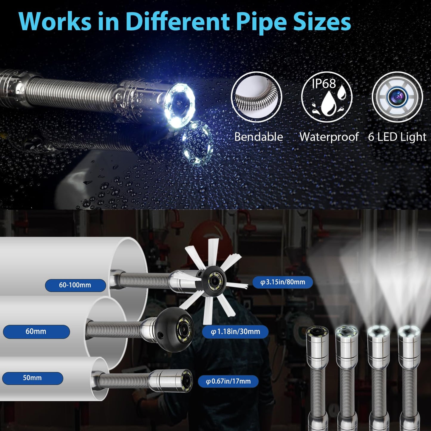 9 inch Monitor 100ft/30m Pipe Inspection Video Camera,IP68 Waterproof 1080P Drain Sewer Pipeline Industrial Endoscope System with Distance Mark Camera DVR Recorder