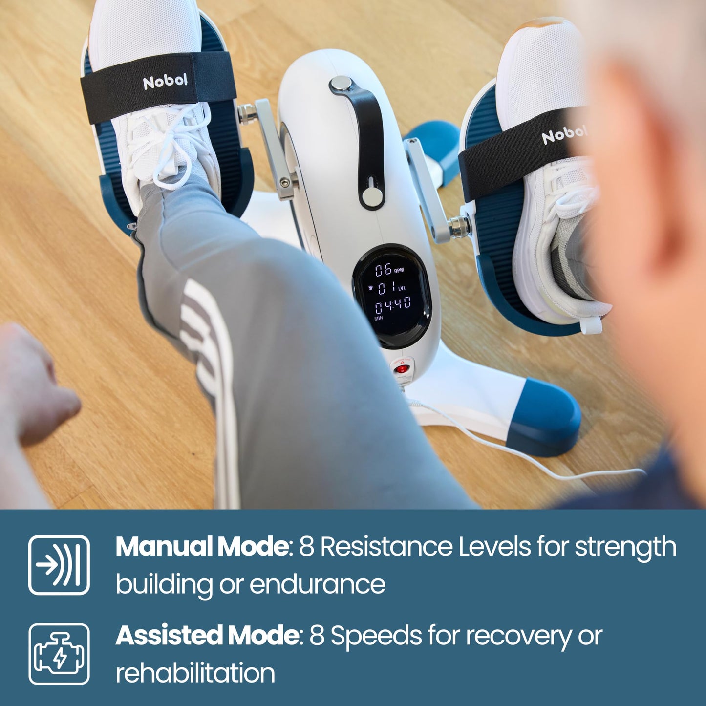 Nobol PhysioPedal® Motorized Under Desk Exercise Bike for Seniors & Adults – Electric Pedal Exerciser with Remote, Adjustable Speeds & Resistance, LED Display, Portable Seated Leg & Arm Pedaler