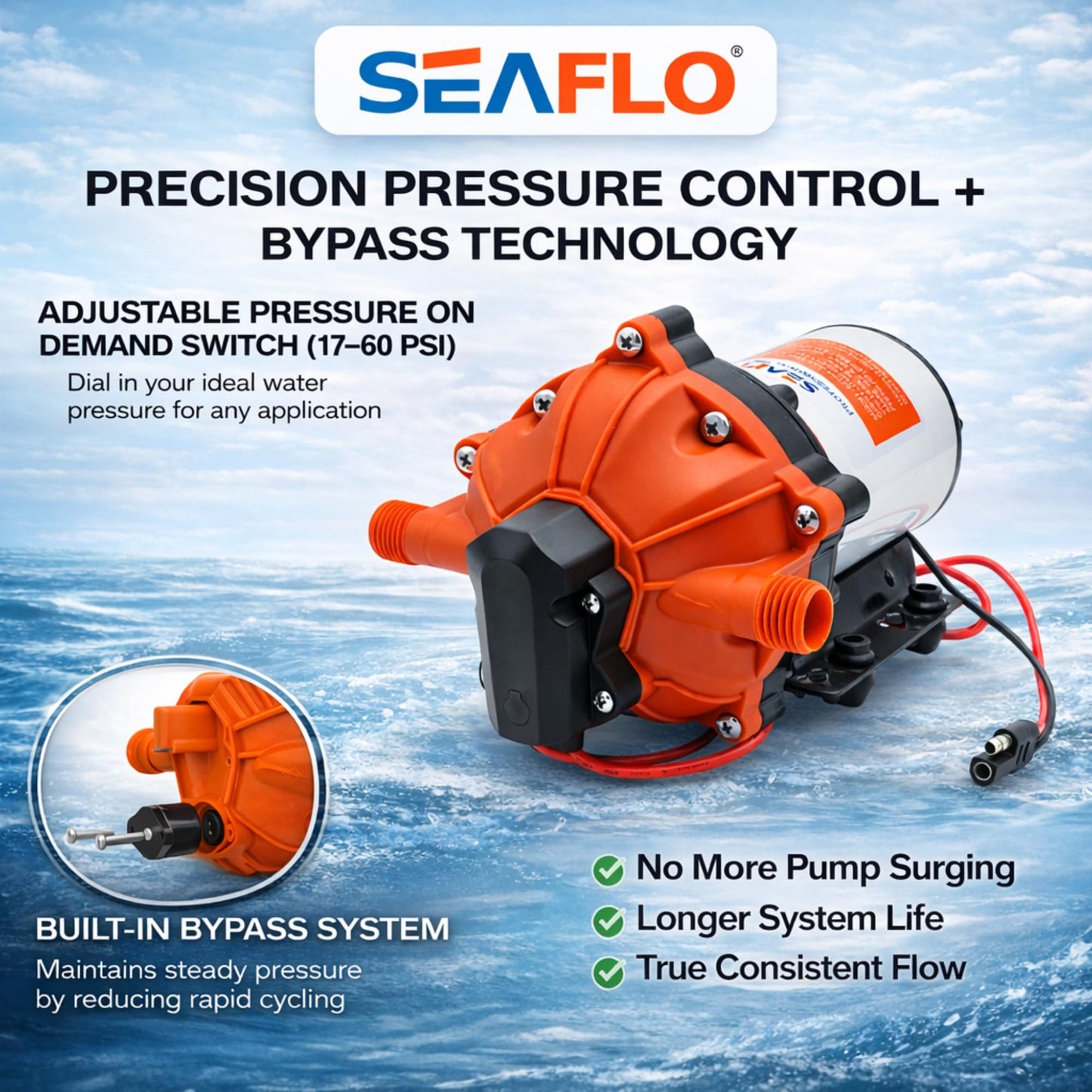 SEAFLO 55 Series 12V RV Water Pump 5.5 GPM 60 PSI Diaphragm Pump Heavy Duty Pressure Switch Built In Bypass Self Priming Quiet High Flow RV Marine Off Grid Freshwater System 4-Year Warranty