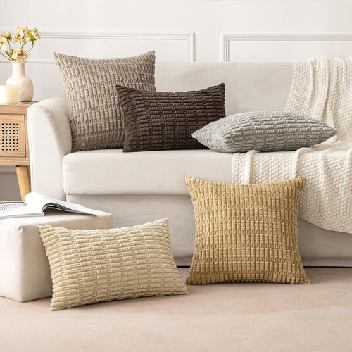 MIULEE Corduroy Throw Pillow Covers - Soft Boho Striped Design | 16x16 Inch Tan for Modern Home Decor