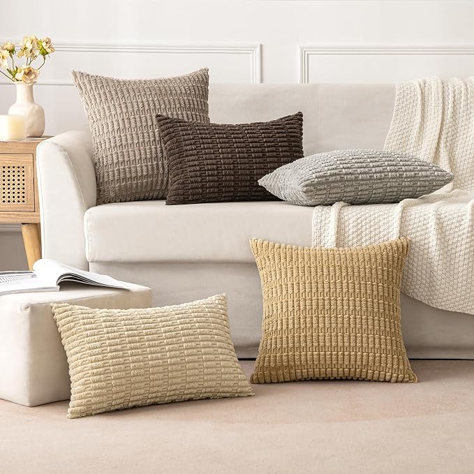 MIULEE Pack of 2 Corduroy Decorative Throw Pillow Covers 12x12 Inch Soft Boho Striped Pillow Covers Modern Farmhouse Home Decor for Sofa Living Room Couch Bed Tan