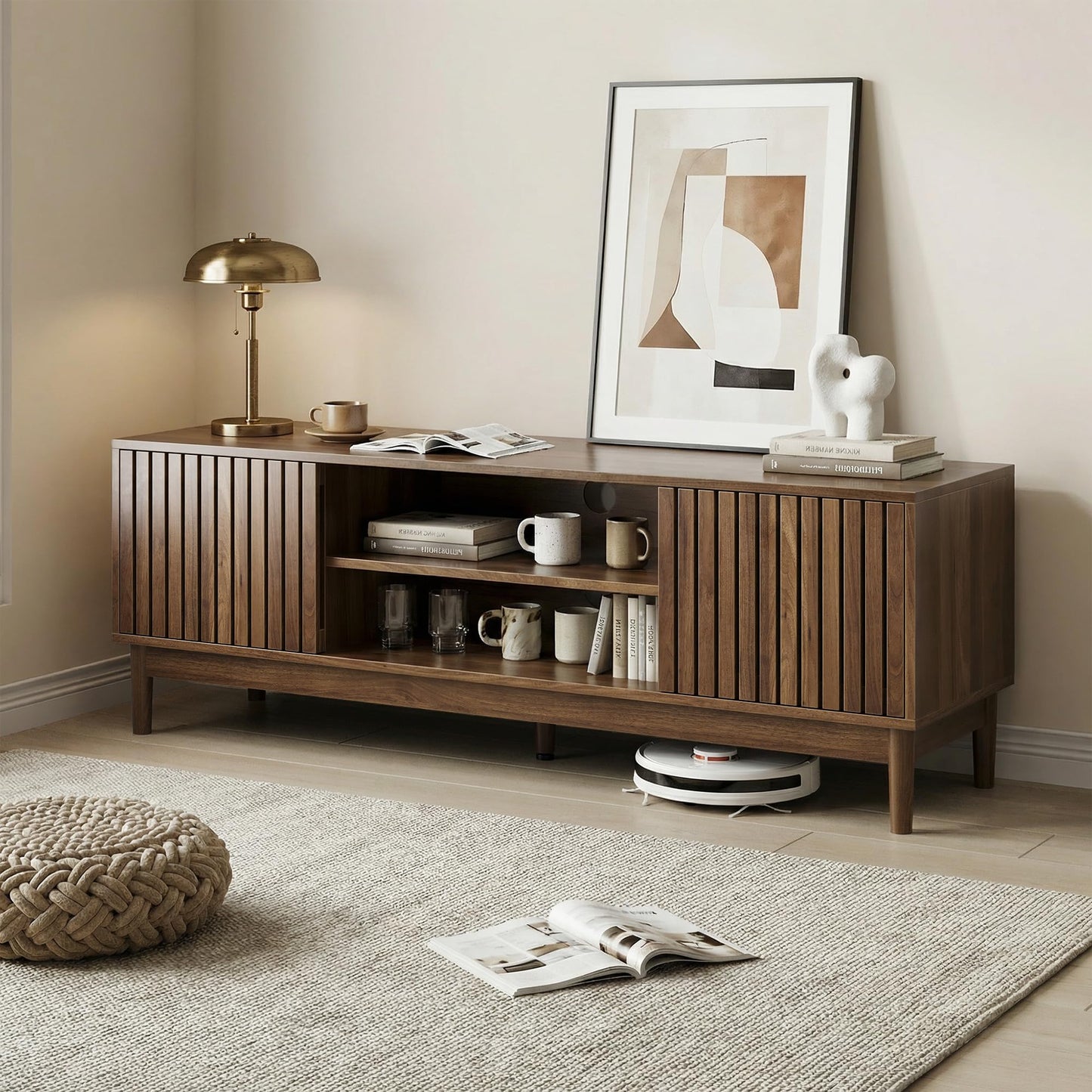 KEIKI 55" Mid-Century Modern TV Stand for 55–65 Inch TVs, Wood Entertainment Center with Slatted Doors, Storage Console with Cable Management for Living Room, Bedroom (Oak)