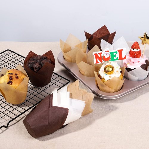Bake Choice Tulip Cupcake Liners - 200 Pcs Natural Unbleached Baking Cups | Brown & White Standard Size