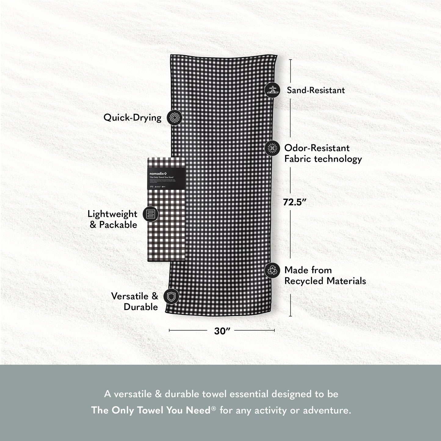 Nomadix Original Towel - Perfect for Beach, Pool, Travel, Camping, Yoga - Made with Recycled Materials - Super Absorbent - Sand Resistant - Gingham Black - 72.5x30