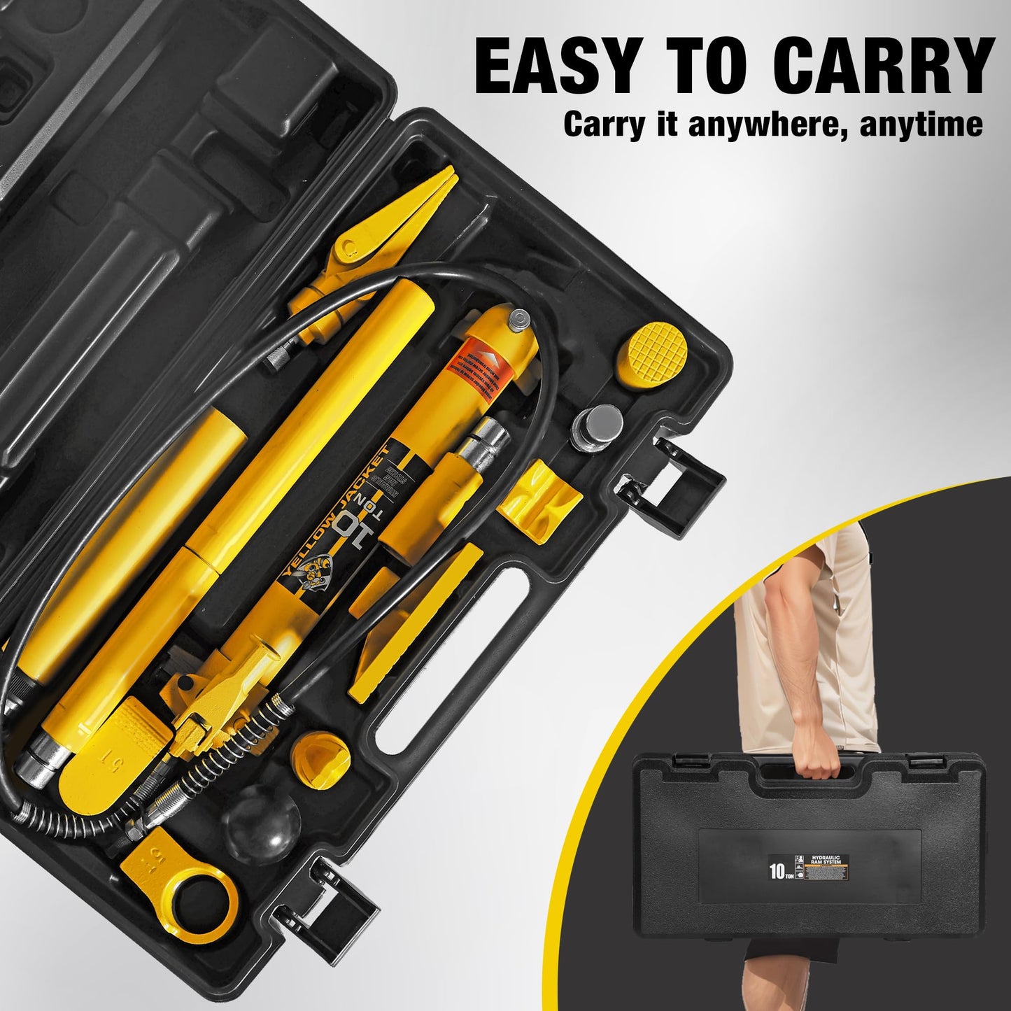 YELLOW JACKET 10 ton Porta Power Kit Hydraulic Ram Jack Pusher Puller Auto Body Frame Repair Tool with Blow Mold Carrying Storage Case for Car Repair,Truck,Farm