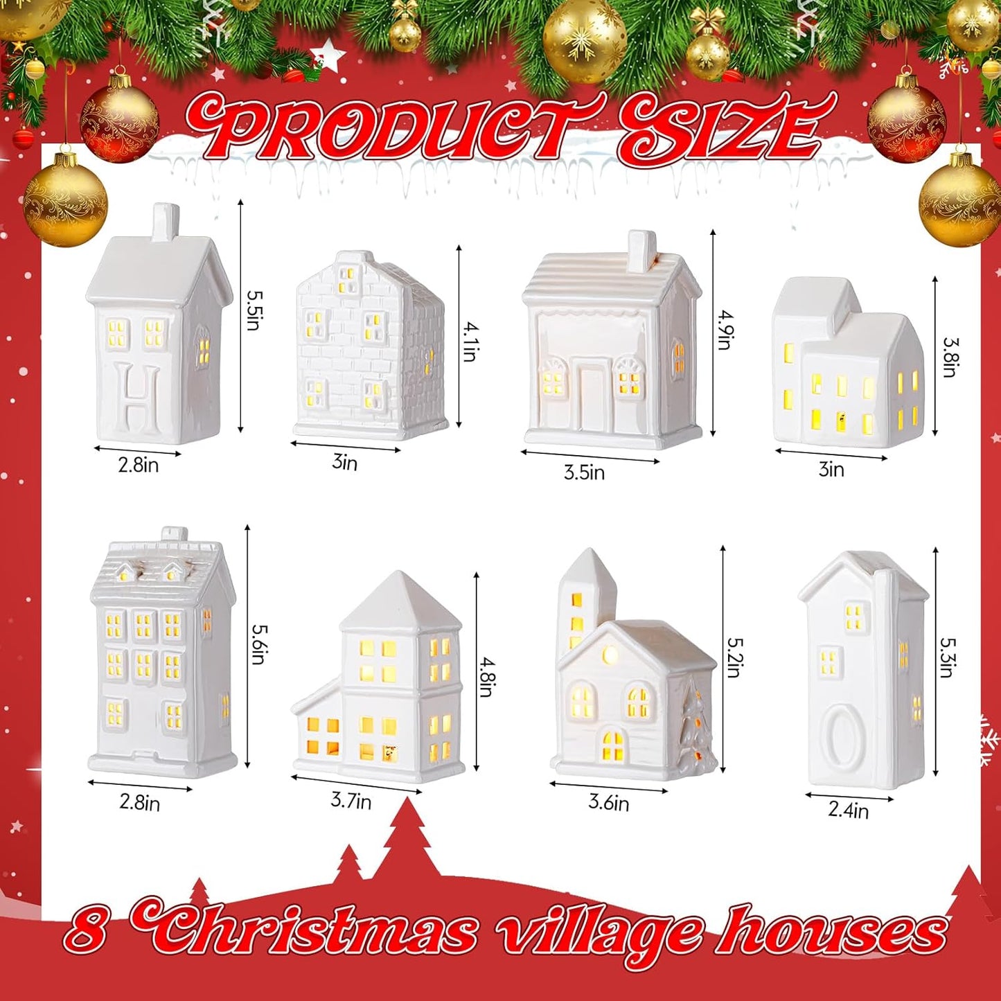 Soaoo Ceramic Christmas Village Set - 29 Pcs with LED Houses, Trees, Snowmen & Fake Snow | White Porcelain Decor