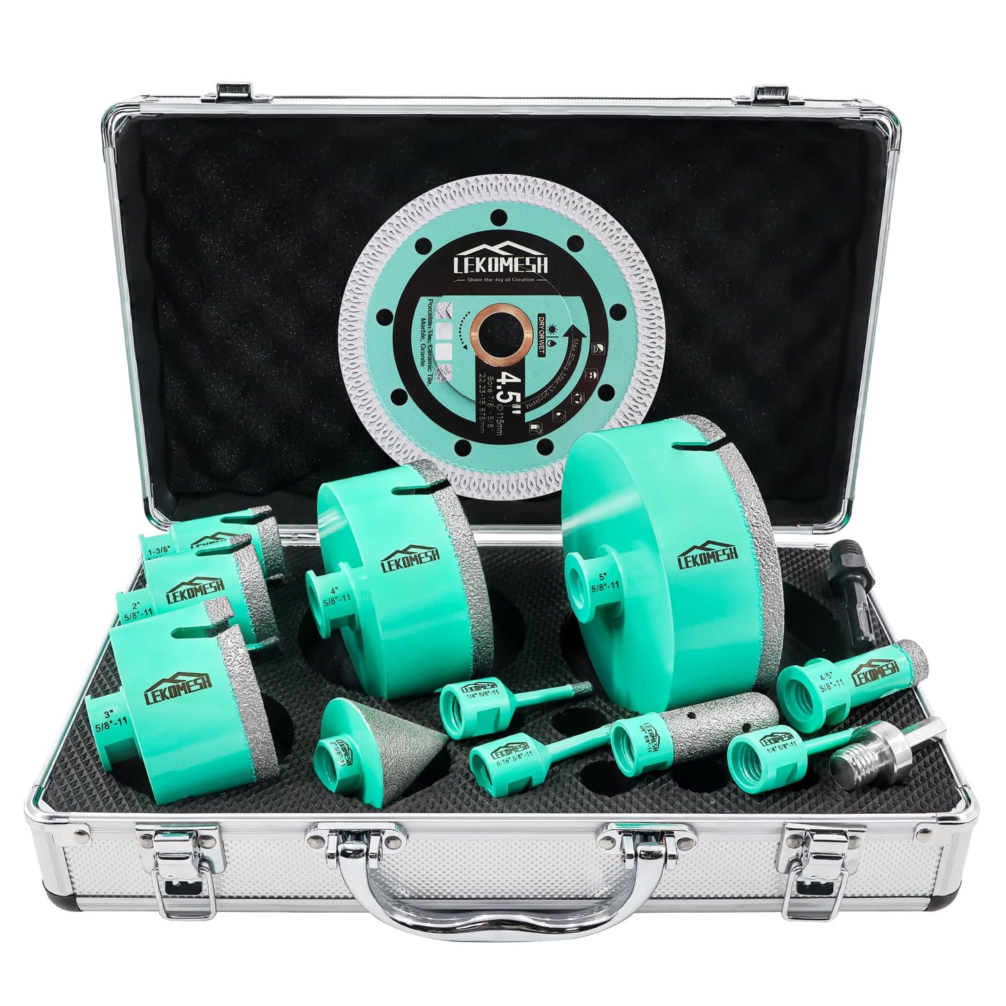 LEKOMESH Tile Hole Saw Kit for Porcelain Tile-(6/6/8/20/35/50/75/100/125mm+Finger Bit+Chamfer Bit+Adapter+Tile Blade) Diamond Tile Drill Bits Precision Cutting for Ceramic Marble,5/8"-11 Thread