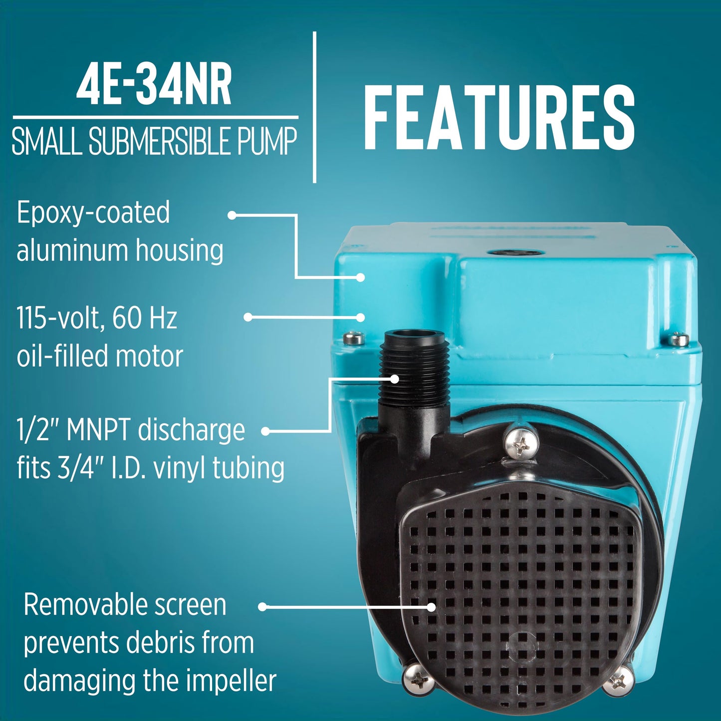 Little Giant 4E-34NR 115 Volt, 1/12 HP, 810 GPH Small Submersible Oil-Filled Water Transfer Pump with 6-ft. Cord, Blue, 504203