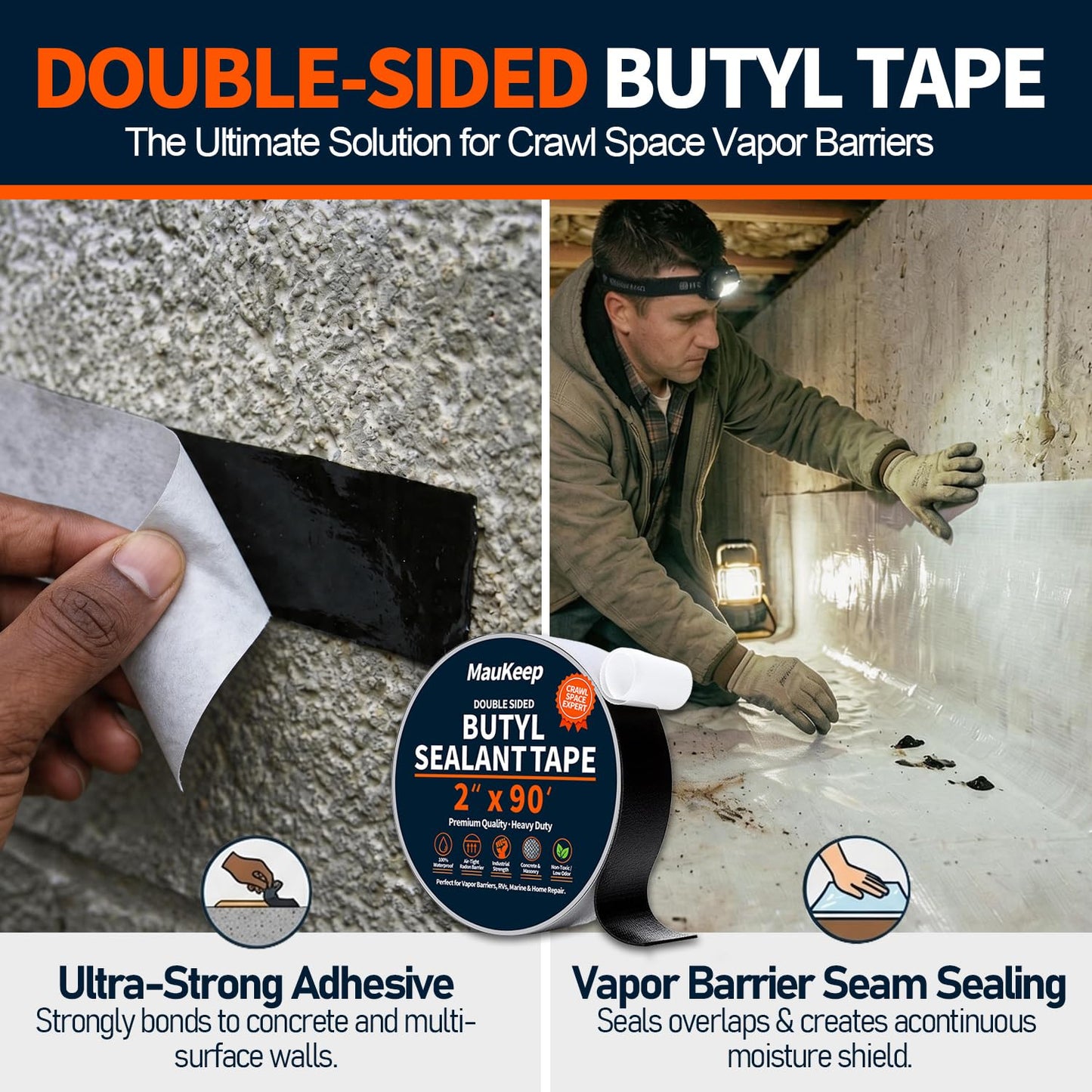 Double Sided Foundation Butyl Sealant Tape (2" x 90FT ) & 600pcs Christmas Tree Fasteners for Crawl Space Encapsulation, Waterproof Vapor Barrier Wall Seal, Double Secure Permanent Fastening Set
