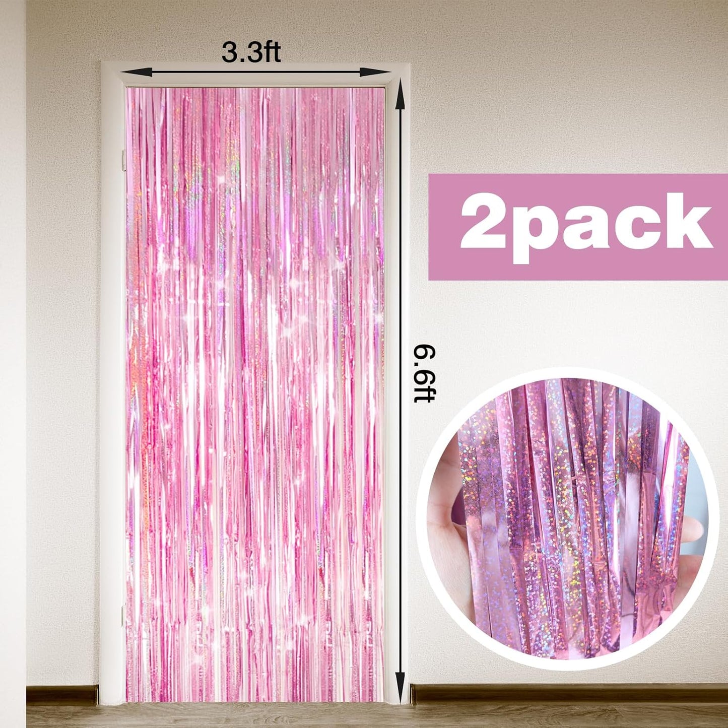 Skiennix Shiny Pink Tinsel Foil Fringe Curtains - 2 Pack Party Backdrop for Birthday & Baby Showers