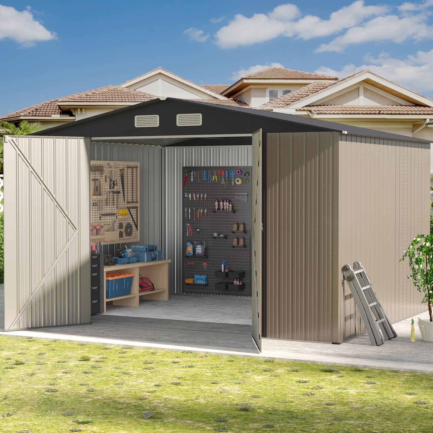 Quinora 8×10 FT Metal Shed Outdoor with Peaked Roof, Weather Resistant Outdoor Storage Shed with Lockable Double Doors for Backyard, Patio Lawn, Garden