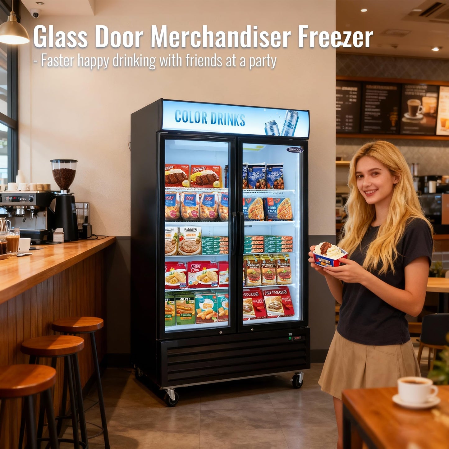 mikibama Glass Door Merchandiser Freezer, 44.7 Cu.ft Swing Door Commercial Reach-In Display Refrigerator with LED Top Panel Upright Freeze Storage, Double Cabinet, Black