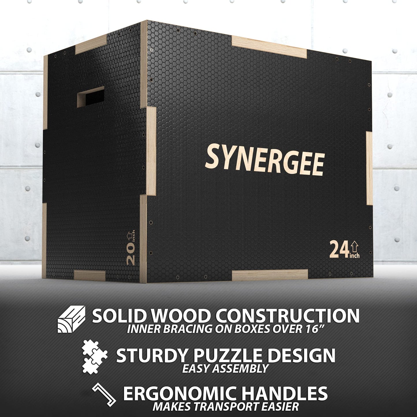 Synergee 3 in 1 Non-Slip Wood Plyometric Box for Jump Training and Conditioning. Wooden Plyo Box All in One Jump Trainer. Size - 30/24/20