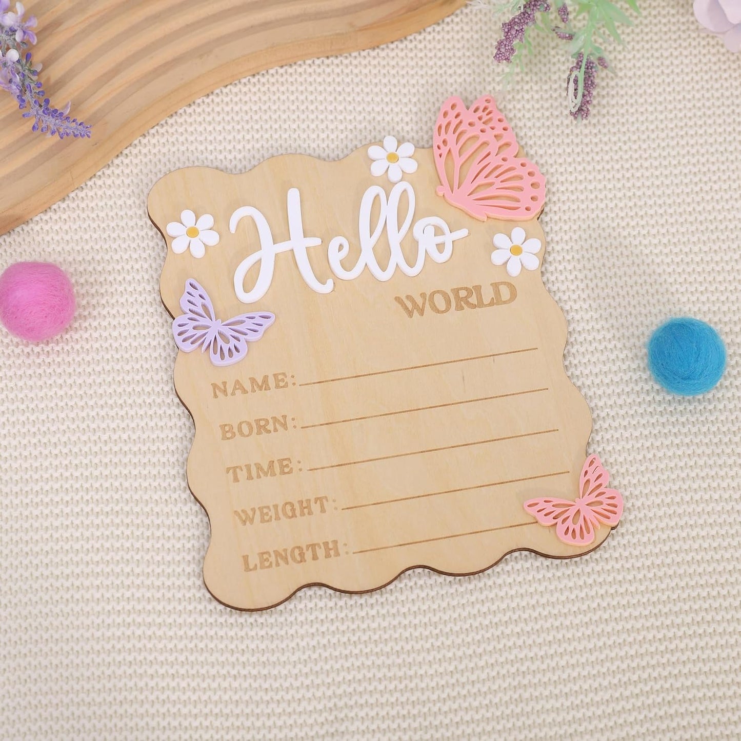 TERJIO Butterfly Daisy Hello World Board - Little Butterfly Birth Announcement Sign,Wooden Hello World Card
