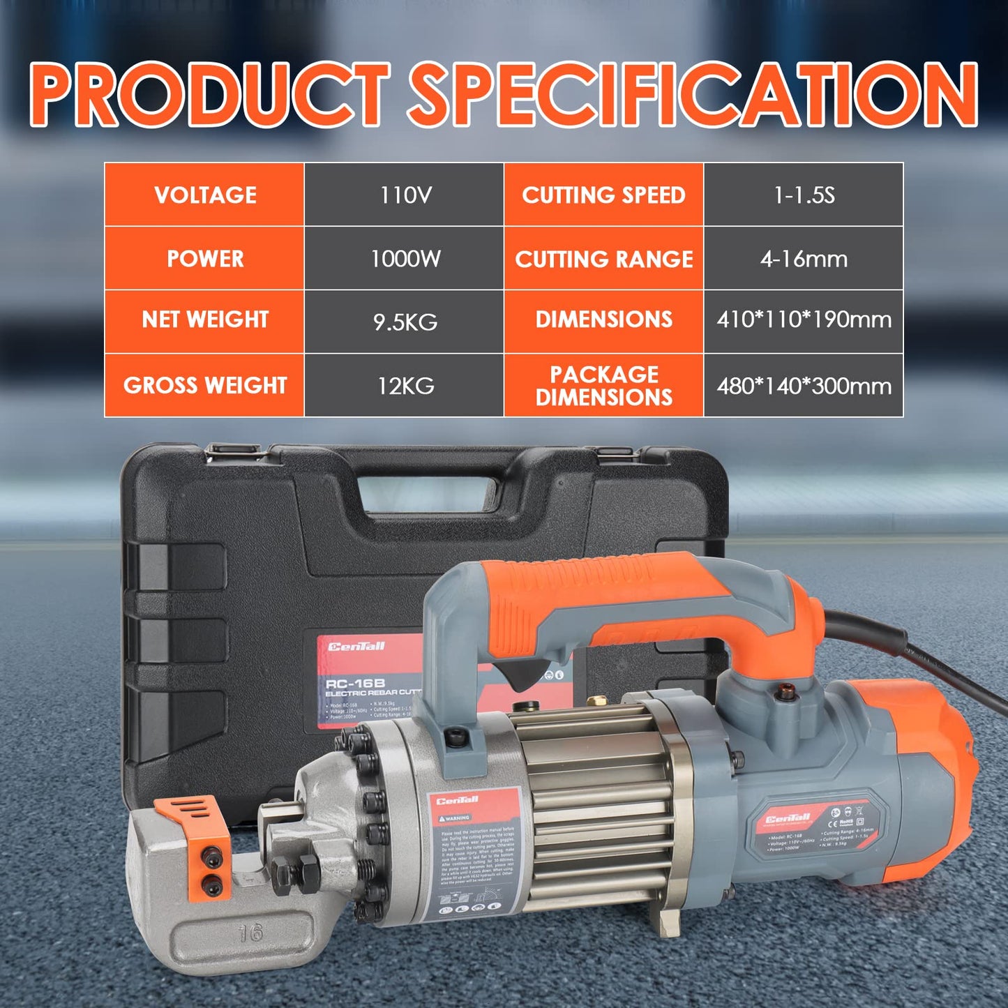 CENTALL 5/8 Inch Electric Hydraulic Rebar Cutter, Portable Rebar Cutter, Cutting up to 4-16mm #5 Rebar, Cutting Speed 1-1.5S 1000W RC16B (Grey + Orange)
