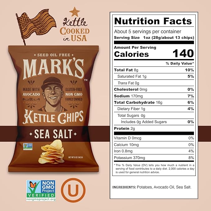 MARK’S Kettle Cooked Avocado Oil Potato Chips, Sea Salt – Seed Oil & GMO Free | Sea Salt, 5 oz (Pack of 3) | Gluten Free, Non-GMO Chips for Clean & Healthy Snacking