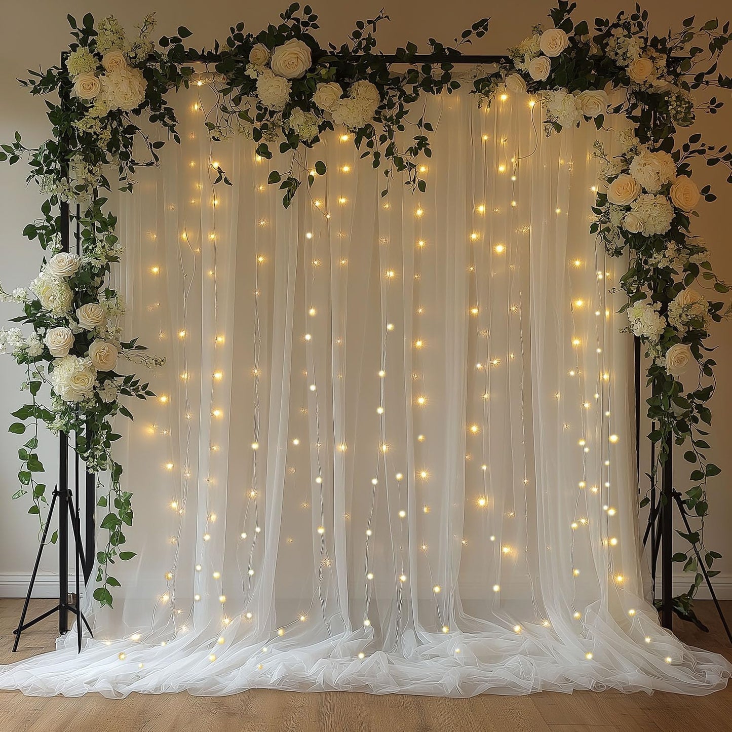 EMHOLDBU 10x8ft (2 White Tulle Backdrop Curtain with Lights String Sheer Drapes for Wedding, Birthday, Baby Shower