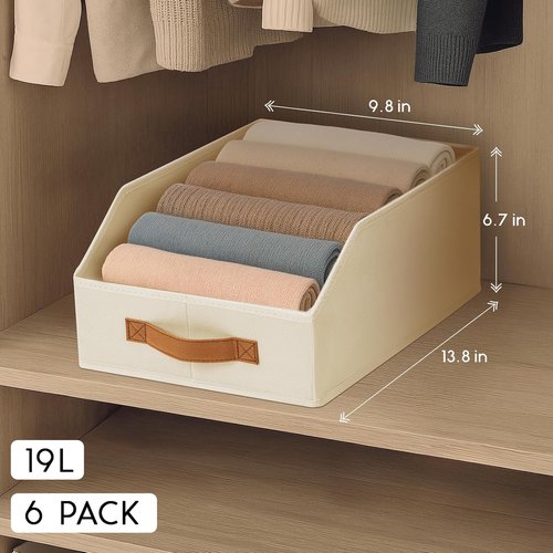 Homsorout Fabric Storage Bins - 6 Large Collapsible Trapezoid Organizers with Front Handle | Beige