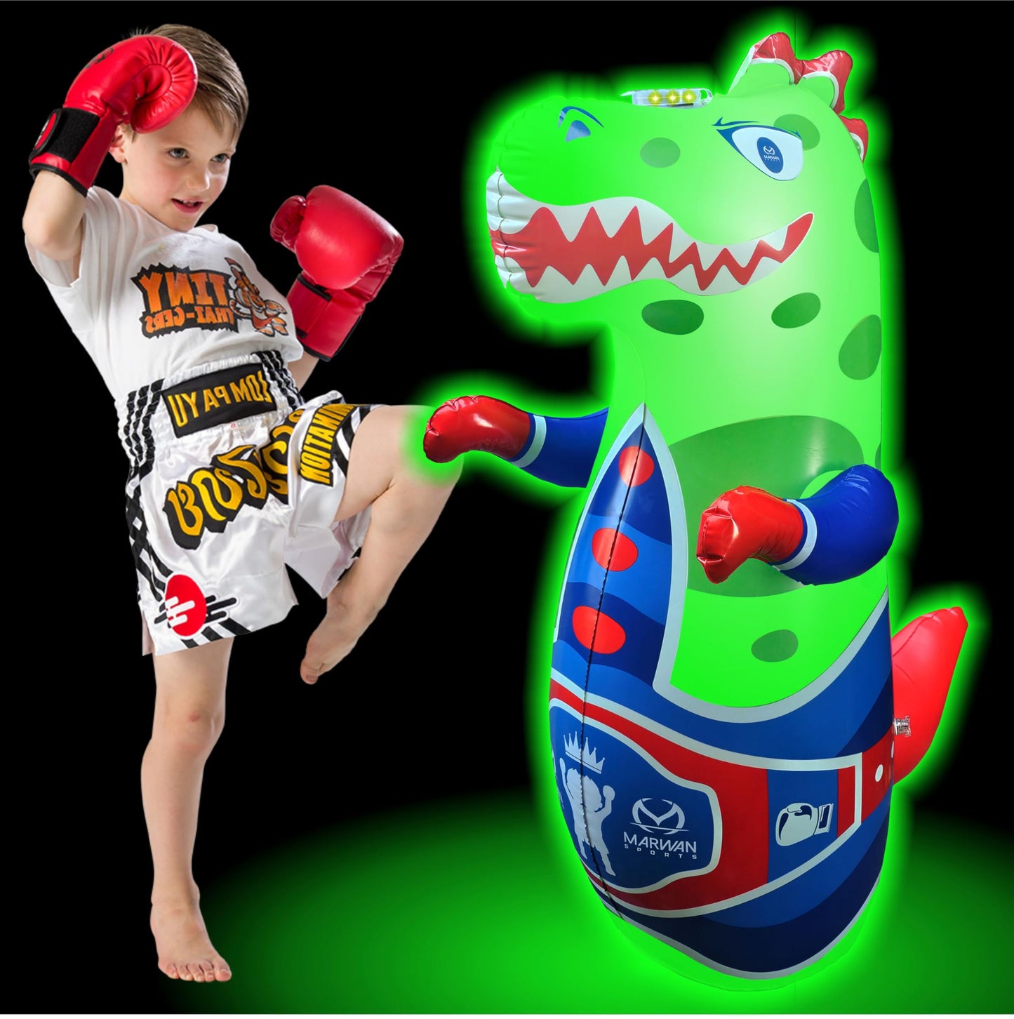 Marwan Sports Punch, Light & Roar Dinosaur Punching Bag – 47" Inflatable Bop Bag for Kids Ages 3-14 | Bounce-Back Toy with Lights & Roaring Sounds | Active Play Gift for Toddlers & Children