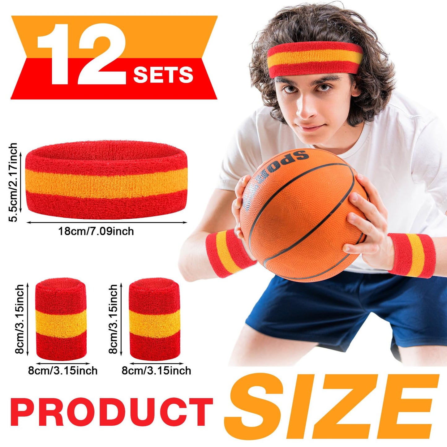 Eurzom 36 Pcs Sweatband Set - 12 Sweat-Absorbing Headbands and 24 Cotton Wristbands for Men, Women, Gym, Sports (Red, Yellow)