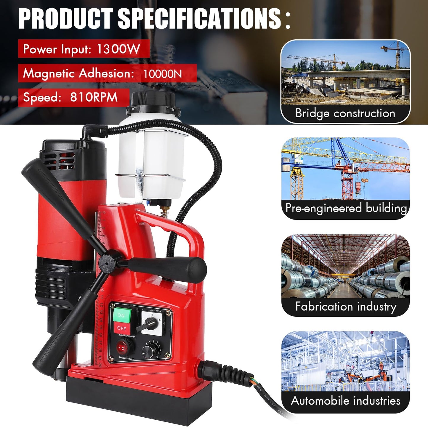 Magnetic Drill Press - Double Track, 110V, 1.6 Inch Boring Diameter, 1300W, 810 RPM, 11Pcs Drill Bits, Mag Drill, Ideal for Industrial and Home Decoration