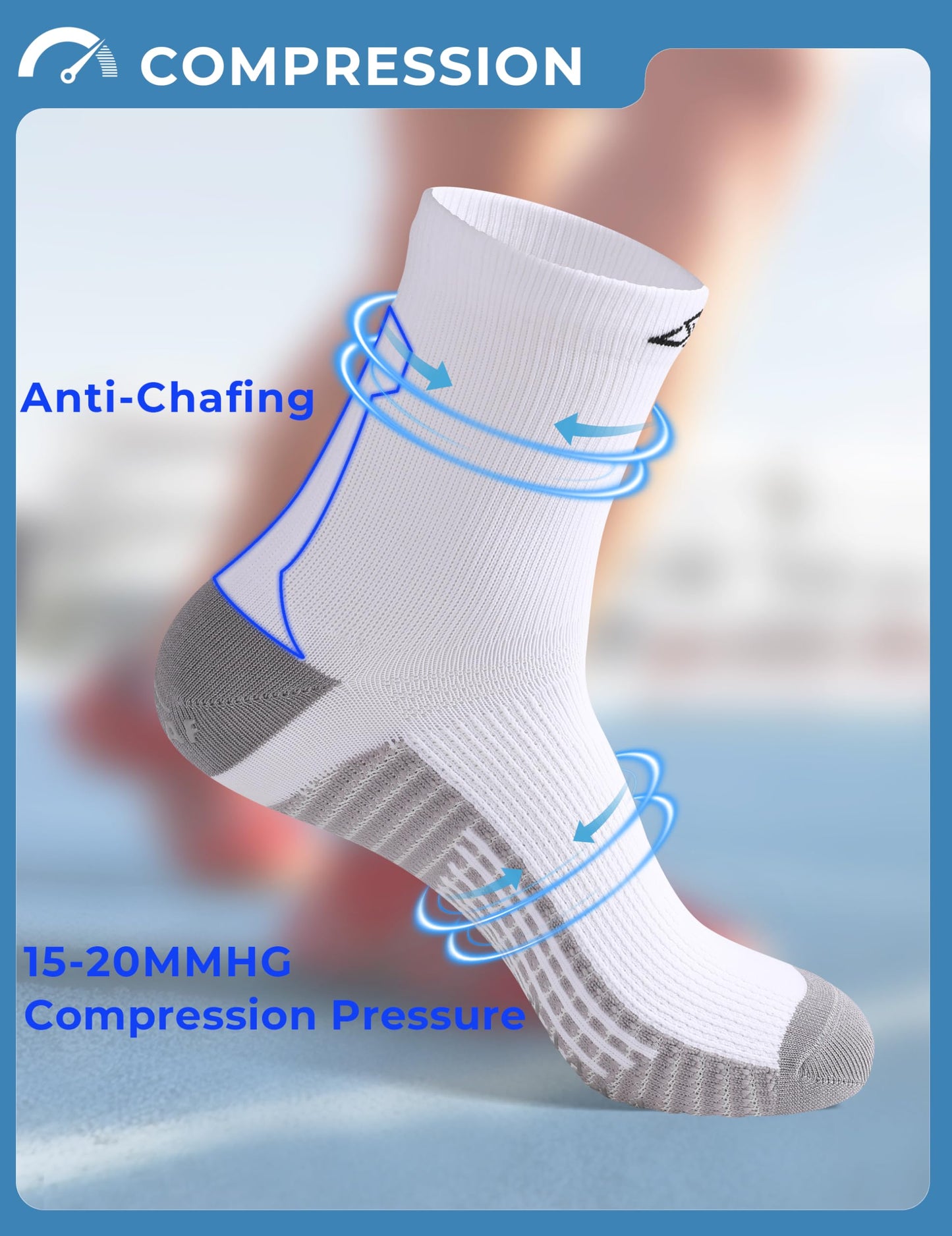 TENYSAF Men's Compression Socks for Running: 3 Pairs Grip Athletic Socks - Breathable Non-Slip for Runner Gym Badminton Sports White Size 9-13