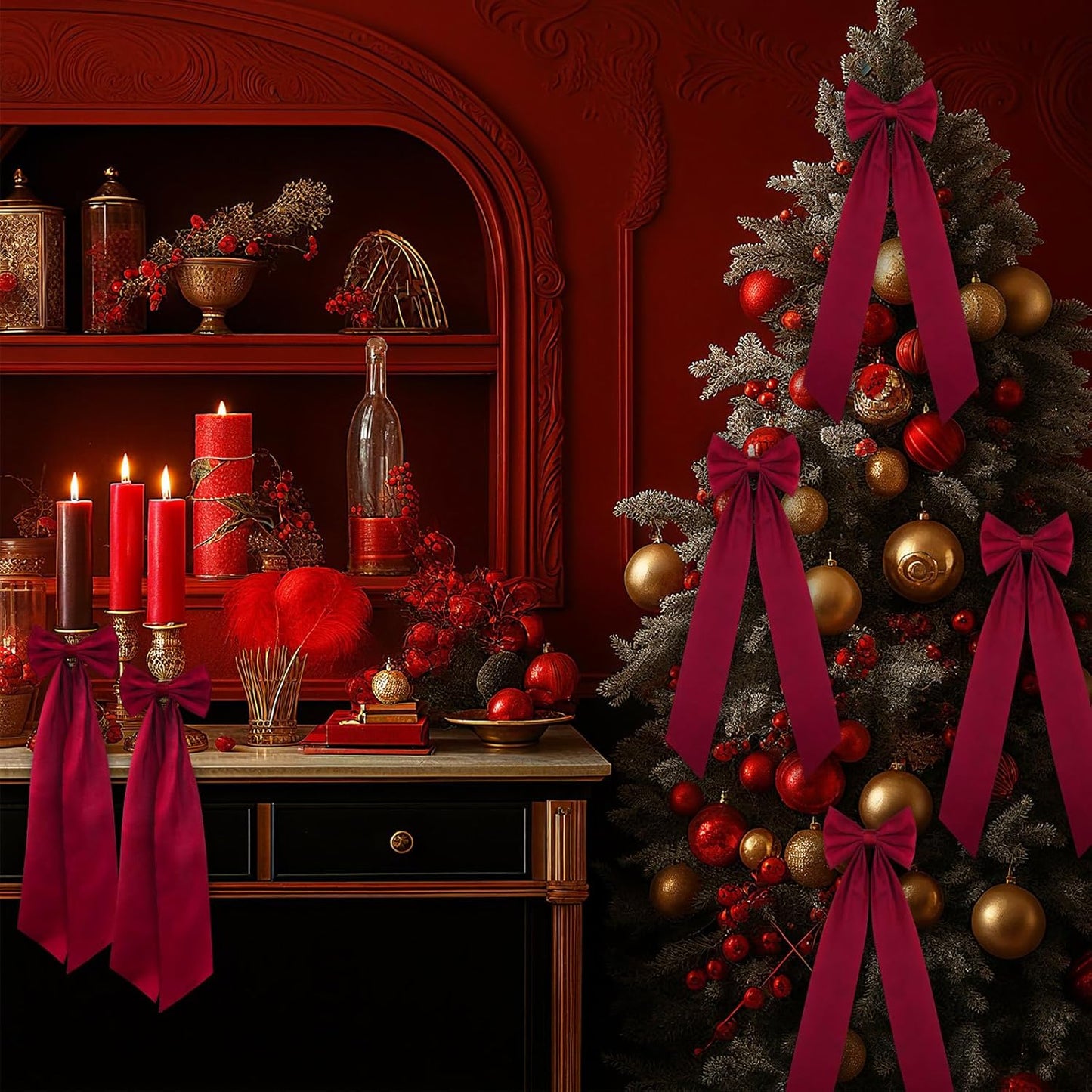 Teenyyou 12 Pcs Red Valentine's Candlestick Bows - 13 Inch Large Self-Adhesive Table Decor for Weddings & Parties