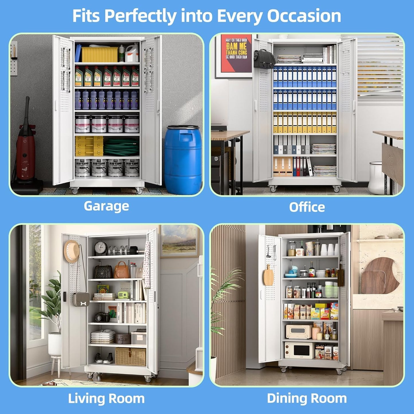 Reemoon 71" Tall Metal Garage Storage Cabinet with Wheels and Pegboard, Rolling Steel Cabinet with 5 Adjustable Shelves and Locking Doors for Garage Home Office Storage, White, Assembly Required