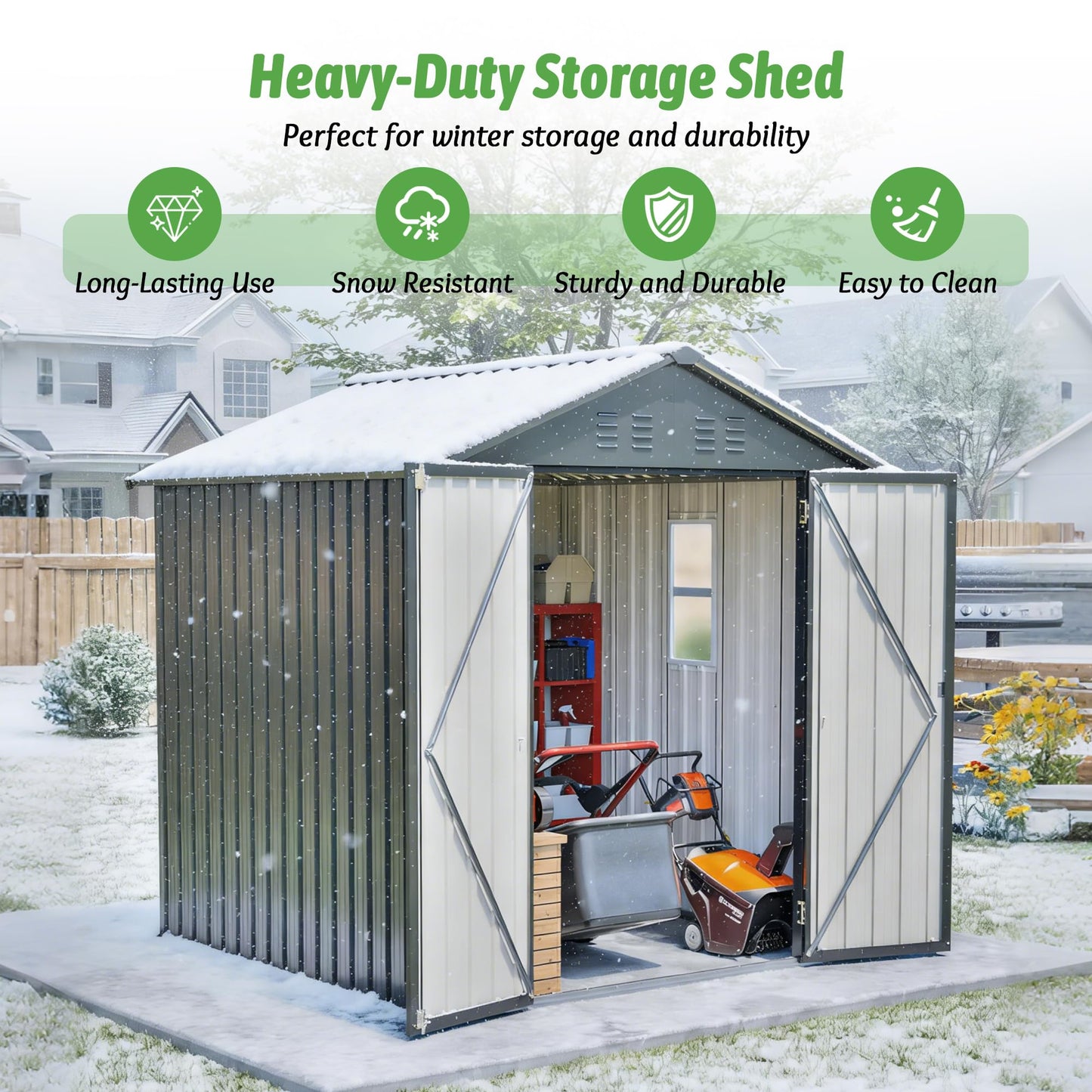 6x6 FT Outdoor Storage Shed with Lockable Doors & Sloping Roof & Clear Window, Galvanized Steel Metal Garden Tool Shed for Backyard, Patio, Poolside
