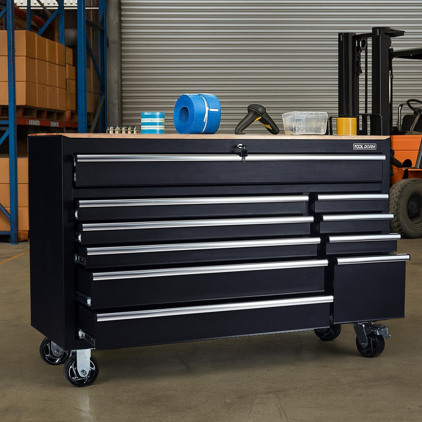 TOOL DORM Rolling Large Tool Chest 56-Inch 10 Drawers, Big Tool Chest with Drawers, Workbench with Wooden Top and Power Strip, Rolling Toolbox with Drawers and Locking System, Black