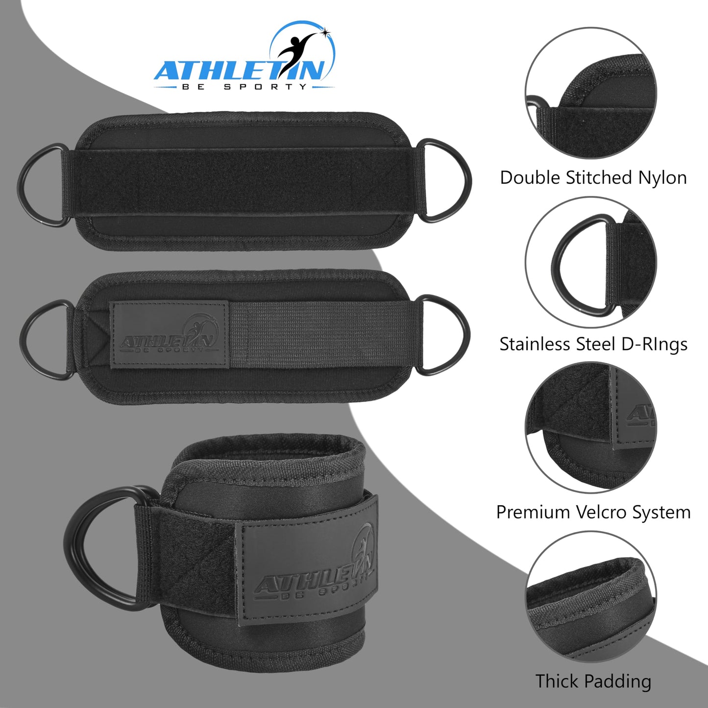 ATHLETIN BE SPORTY Cable Machine Ankle Straps for Women & Men - Adjustable Ankle Cuffs for Glute Kickbacks, Leg Extensions, Hip Abduction - Soft Padding, Heavy Duty Gym Workout Strap