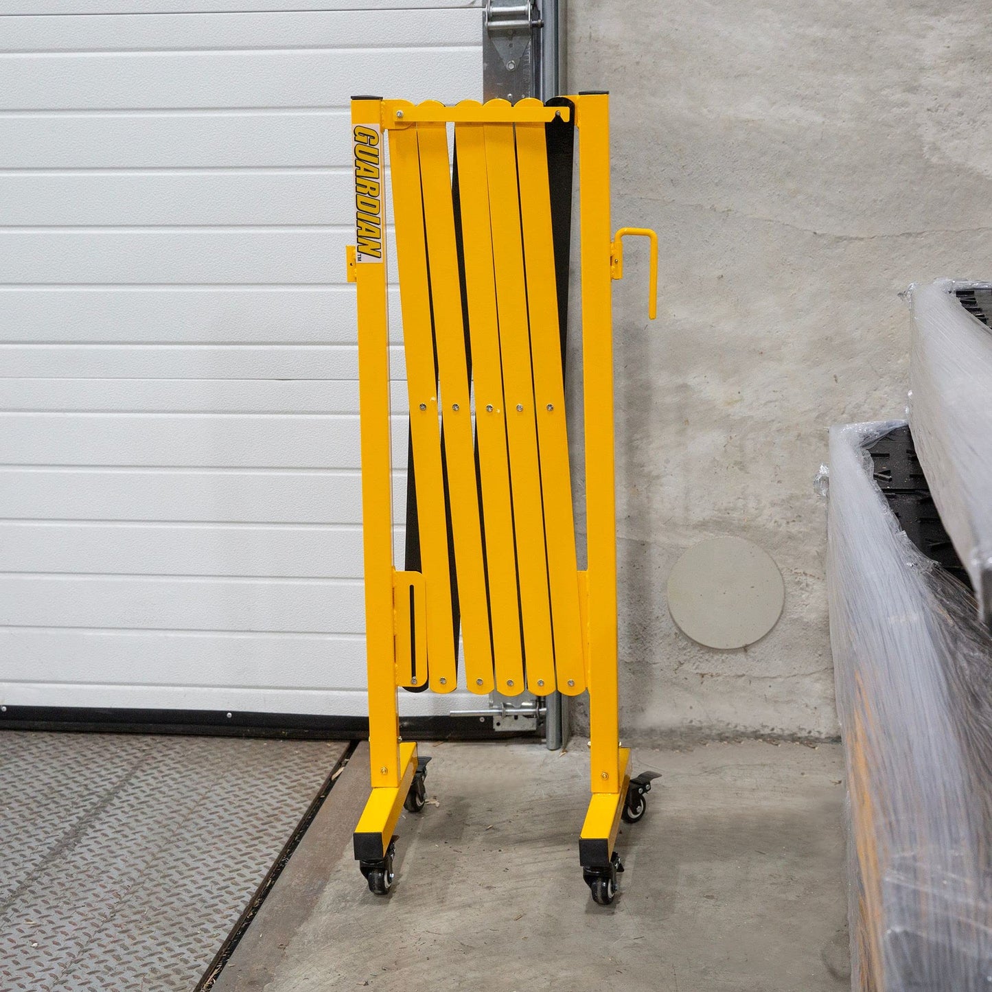 Guardian Expandable Steel Safety Barrier with Locking Wheels, Collapsible Traffic Control Barricade for Parking, Garage, Construction and Outdoor Use