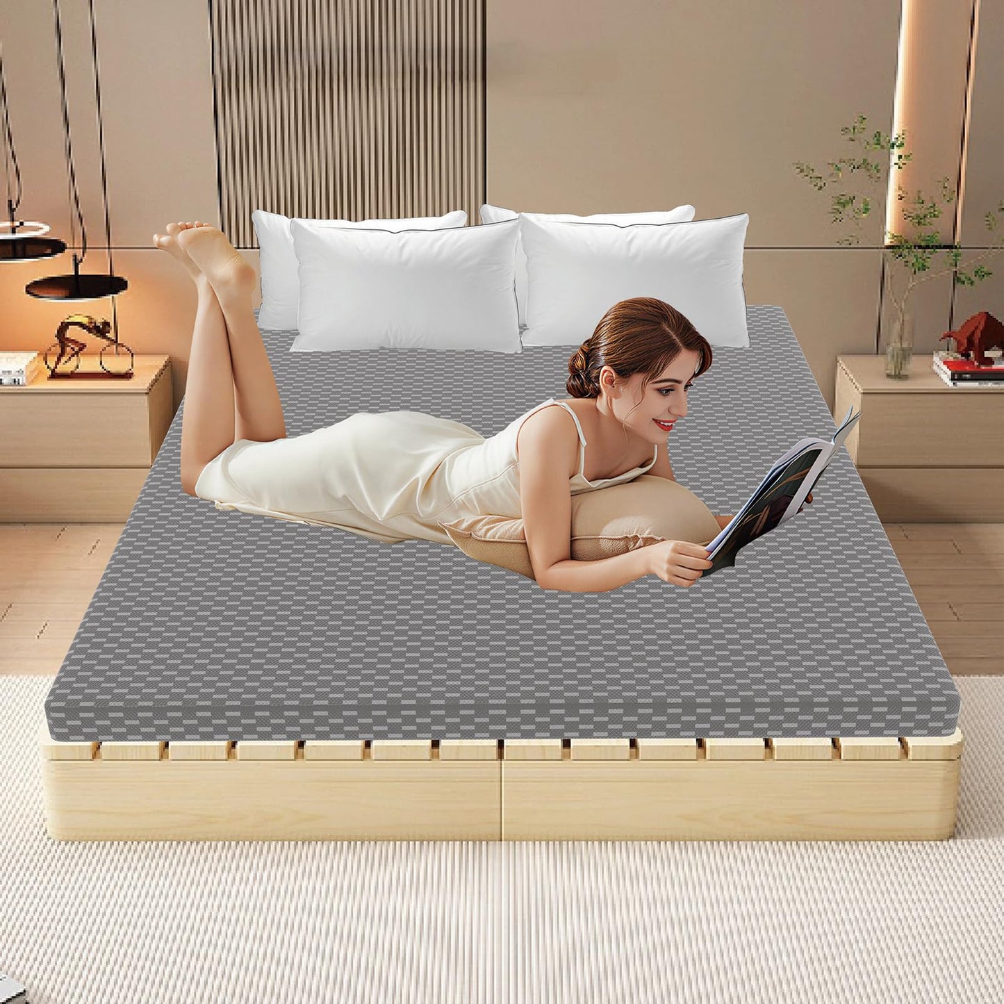OLMCWOOL 3 Inch Queen Mattress, Medium Firm, Memory Foam Mattress,Bed in a Box, CertiPUR-US Certified,Pressure Relief, Ventilated Foam, Washable Removable Cover (Grey, Queen 3in)