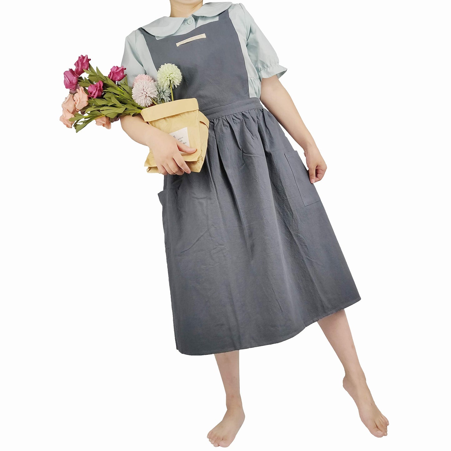 losofar Women Girls Vintage Apron Adjustable Gardening Works Cross Back Cotton/Linen Blend Aprons Pinafore Dress with Two Pockets (greengrey, 39"x 59")