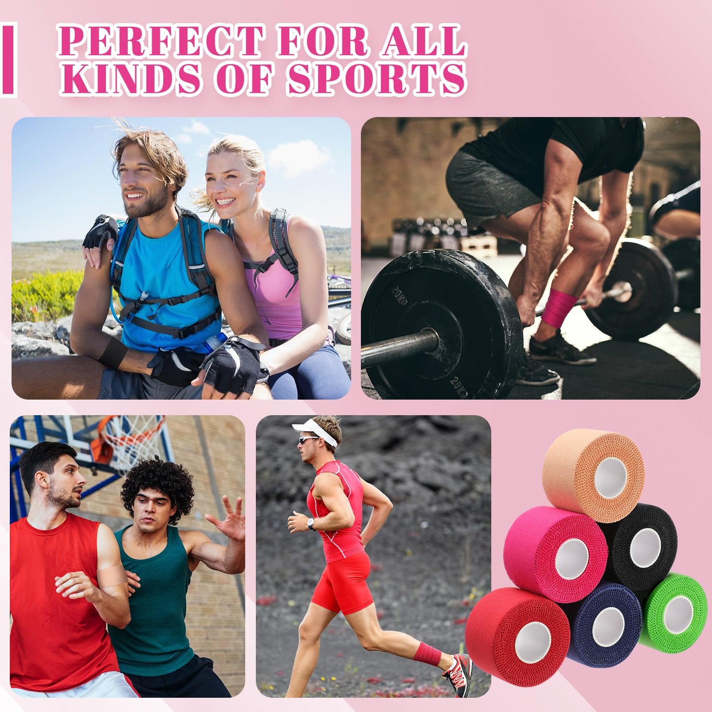 Geiserailie 6 Rolls Athletic Tape Sports Pre Wrap Wrist Tape No Sticky Residue Athletes for Athletic Trainers Ankles Wrists Hands Knees Elbows,1.5 Inch x 10 Yards(Multi Color)