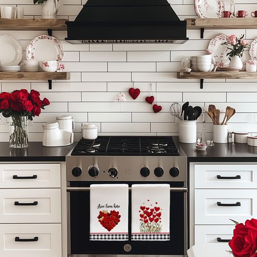 ARKENY Valentines Day Kitchen Towels Set of 2,Red Heart Love Dish Towels 18x26 Inch Drying Dishcloth,Farmhouse Home Daily Seasonal Decoration AD413
