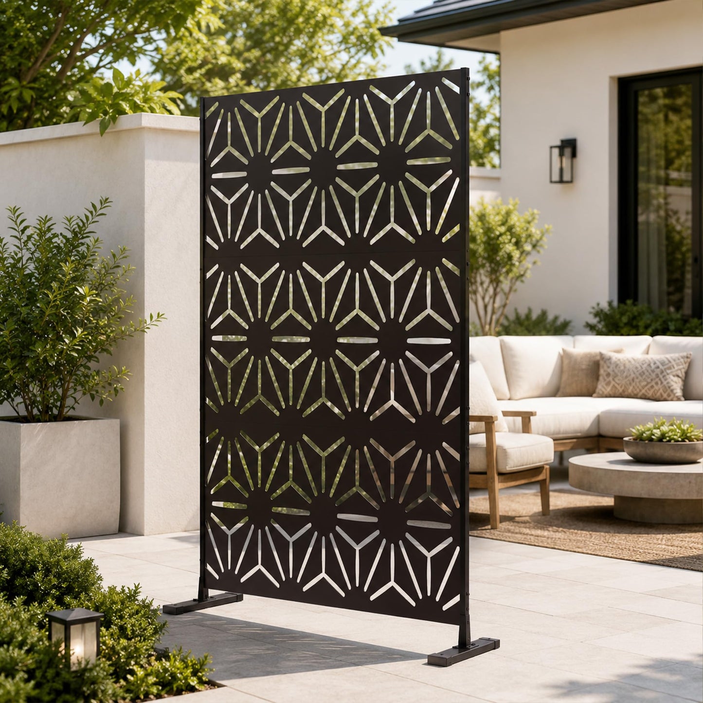 Kozyard Metal Privacy Screen 74" H x 47.2" W Decorative Outdoor Divider with Stand Panels Freestanding Screen Set for Deck Patio Balcony Garden Outdoor&Indoor(Black/Hexagonal Star)