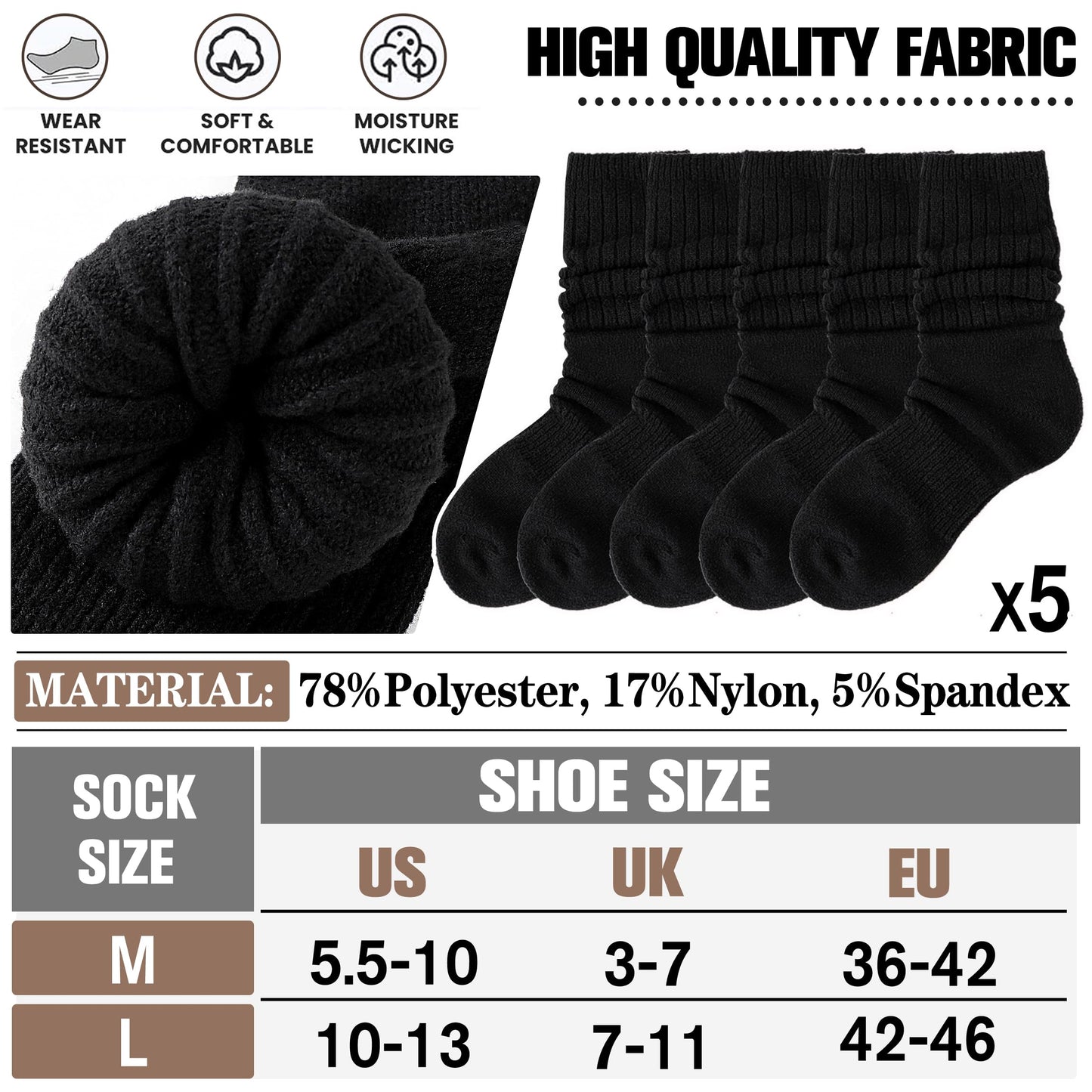 Sandsuced Womens Black Slouchy Boot Socks Winter Warm Cozy Slouch Scrunch Winter Fuzzy Fluffy Crew Socks 5 Pairs Gifts Stocking Stuffers(Black, M)