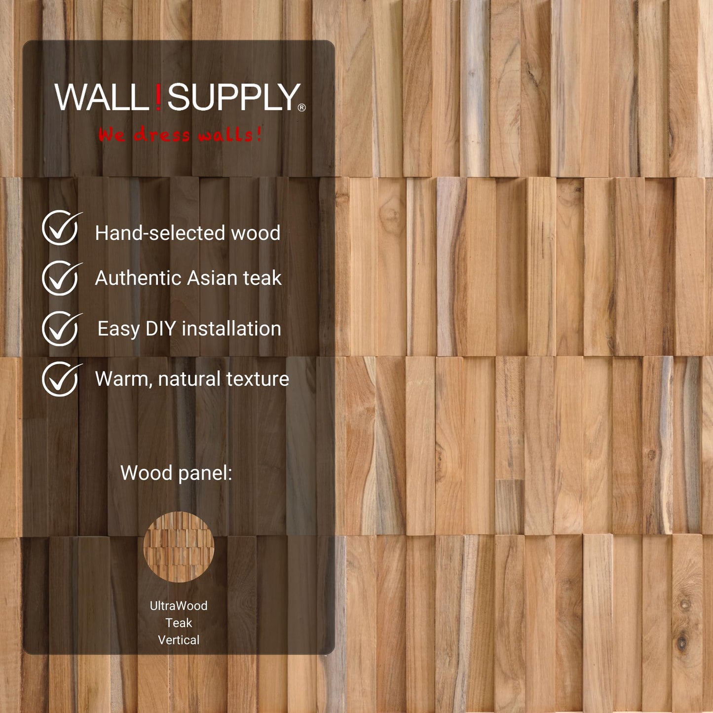 Wall!Supply 3D Wall Panels – Reclaimed Vertical Asian Teak Wood – Home Decor Wallpaper Alternative for Living Room, Bedroom & Office – Easy DIY Installation – 16 Pack, Covers 11.15 Sq Ft