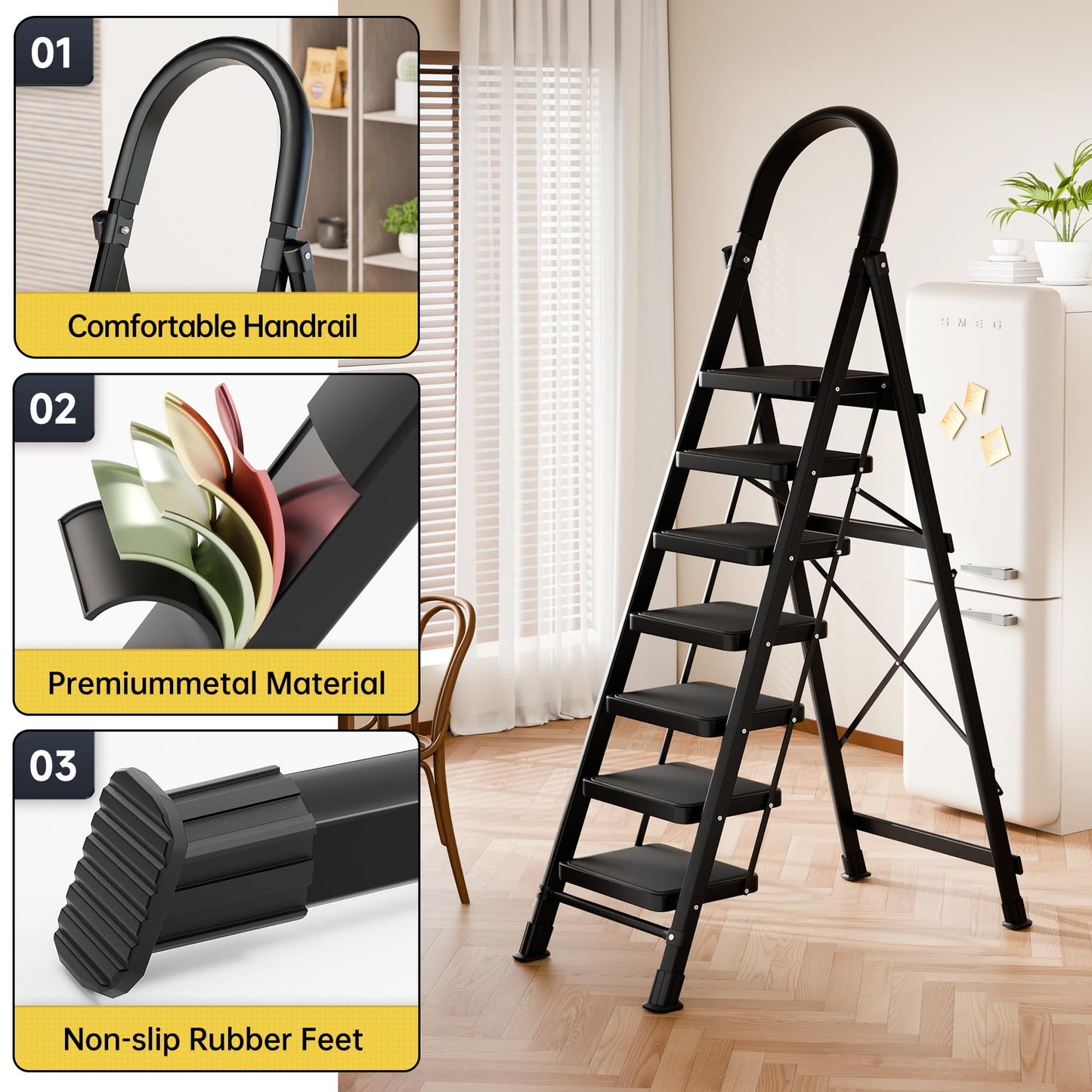 9 Step Folding Ladder,Portable Sturdy Carbon Steel Ladder for Home & Kitchen Use,Heavy - Duty Step Stool with Anti - Slip Pedal and Handrails,Black
