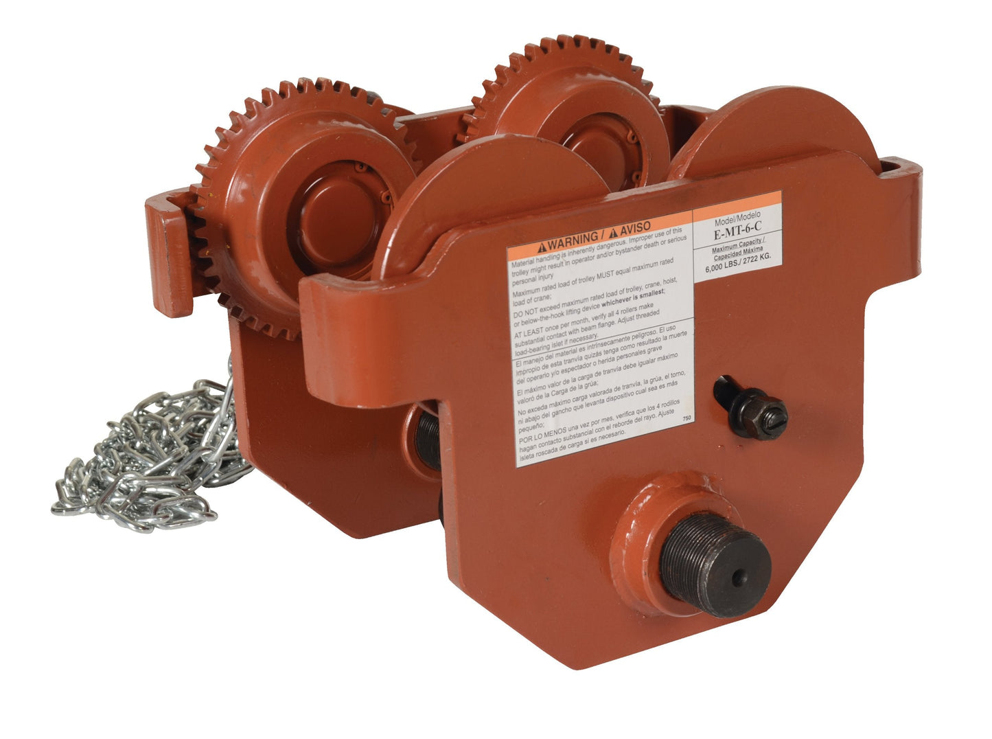 Vestil E-MT-6-C Steel Geared Eye Manual Trolley 6000 Lb. Capacity Orange