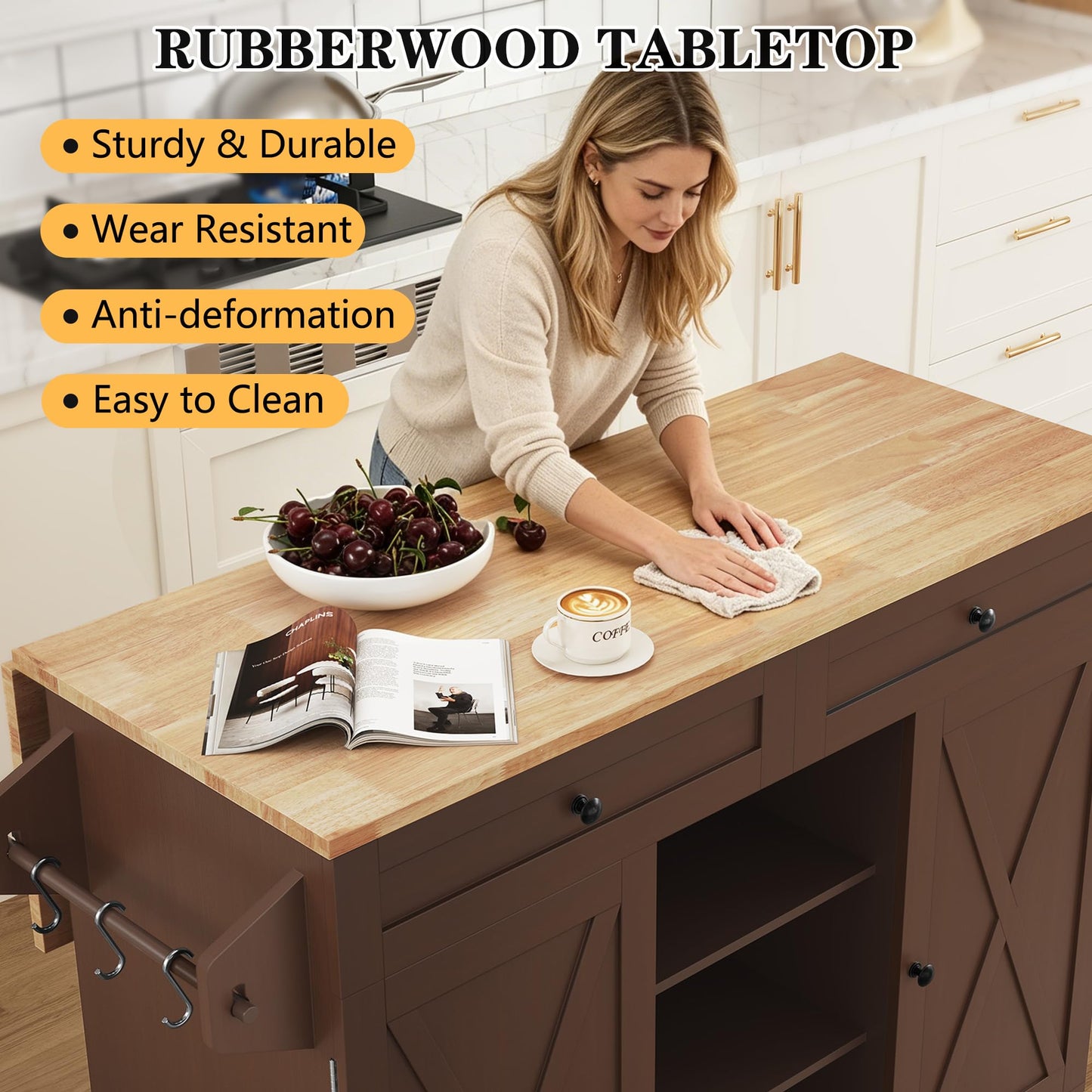 HLR Kitchen Island On Wheels, Brown Rolling Kitchen Island Cart with Solid Wood Drop Leaf Breakfast Bar, Barn Door Kitchen Islands with Storage Cabinet and Tower Rack, Island Table for Kitchen